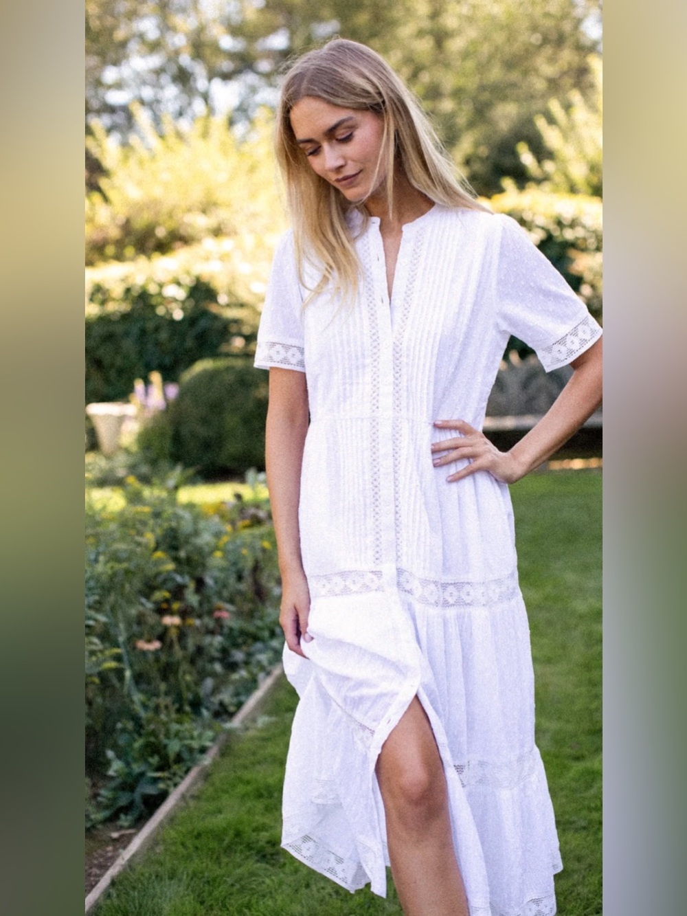 White Button-Front Midi Dress with Lace Trim - Picture 3 of 15